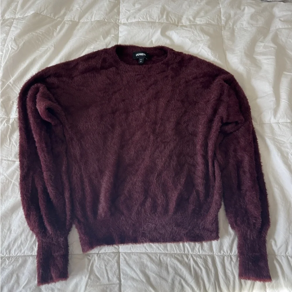 Express Burgundy Fuzzy Faux Fur Sweater XS Bateau Neck Long Sleeve Soft Cozy - Picture 1 of 10